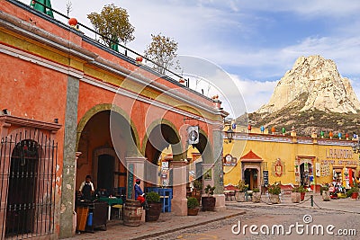 Houses and monolith in PeÃ±a de Bernal queretaro mexico III Editorial Stock Photo