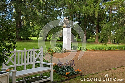 BERNOVO, Monument to the Russian poet A.S. Pushkin on the estate of the landowners Wulf Editorial Stock Photo