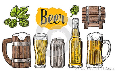 Berr class, can, bottle, barrel. Vintage vector engraving illustration Vector Illustration