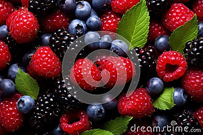Berries. Blackberry, raspberry, blueberry, red currant and mint background. Stock Photo