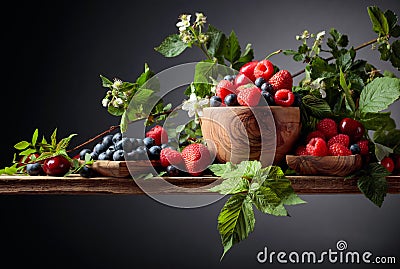 Berries closeup colorful assorted mix of strawberry, blueberry, raspberry and sweet cherry on a old wooden table Stock Photo