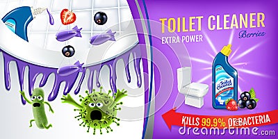 Berries fragrance toilet cleaner ads. Cleaner bobs kill germs inside toilet bowl. Vector realistic illustration. Horizontal poster Vector Illustration