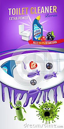 Berries fragrance toilet cleaner ads. Cleaner bobs kill germs inside toilet bowl. Vector realistic illustration. Vertical poster. Vector Illustration