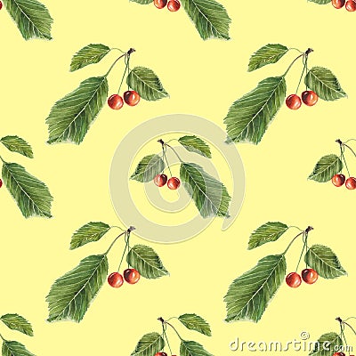 Berries and leaves cherry on yellow background. Watercolor hand made. Seamless colorful pattern Stock Photo