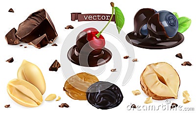 Berries, nuts and chocolate. Blueberry, cherry, peanut, hazel, raisin, 3d vector set Vector Illustration