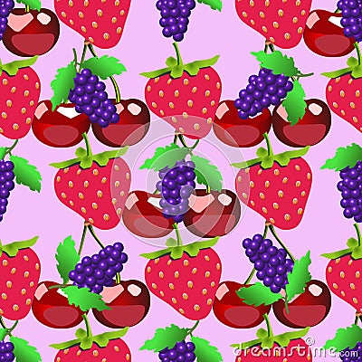 Berries pattern. Fruits sketch of fresh raspberry and cherry Vector Illustration