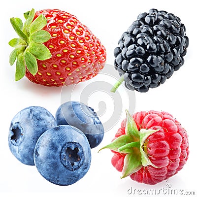 Berries - raspberry, strawberry, blueberry, mulberry. Collection isolated Stock Photo