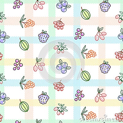 Berries seamless vector pattern with striped plaid. Food outline berry icons repeat wrap bright red texture. Vector Illustration