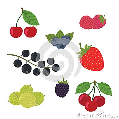 Berries Set Vector Illustration. Strawberry, Blackberry, Blueberry, Cherry, Raspberry, Black currant, Gooseberry Vector Illustration