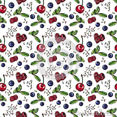 Berries, sweet natural dessert on white, seamless watercolor pattern Stock Photo
