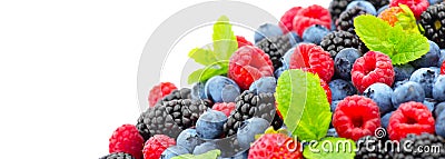 Berries. Various colorful berries background. Strawberry, raspberry, blackberry, blueberry closeup over white Stock Photo
