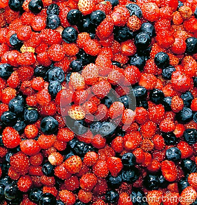 Berry background of strawberries and blueberries Stock Photo