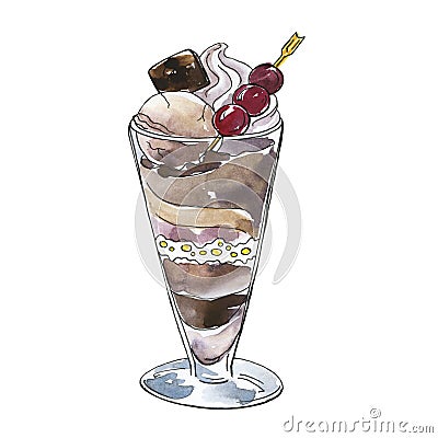 Berry and chocolate parfait or ice cream. Watercolor and ink sketch. Cartoon Illustration