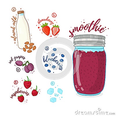 Berry cocktail for healthy life. Smoothies with blueberry, almond milk, raspberry and grape. Recipe vegetarian organic Vector Illustration