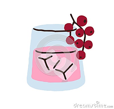 Berry drink in glass. Cold iced summer beverage. Cool fruit lemonade. Natural sweet refreshment, shot. Refreshing Vector Illustration