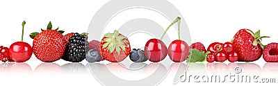 Berry fruits border strawberry raspberry, cherries in a row isolated Stock Photo