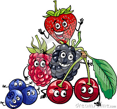 Berry fruits group cartoon illustration Vector Illustration