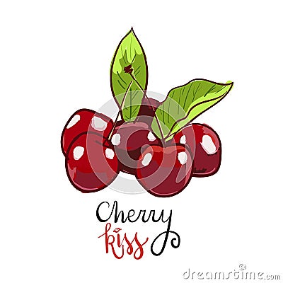 Berry Hand drawn vector. Cherry kiss lettering colorful marker illustration. Berries engraving doodle sketch etch line on white Cartoon Illustration