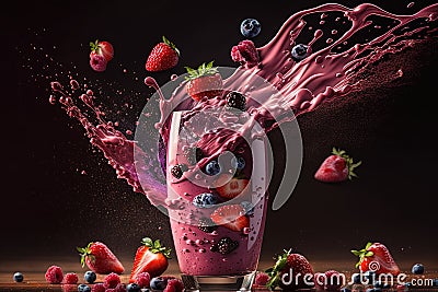 Berry healthy smoothie drops falling in glass. Healthy summer drink, berry milkshake or smoothie illustration generative ai Cartoon Illustration