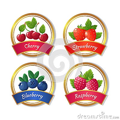 Berry jam and marmalade labels. Fresh summer fruits stickers vector template Vector Illustration