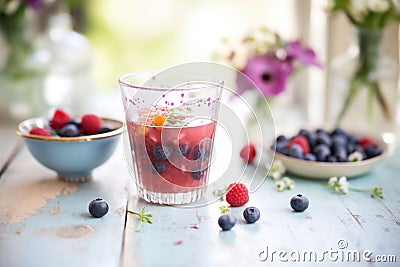 berry juice in clear cup, dewy berries scattered nearby Stock Photo