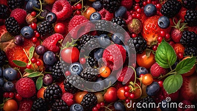 Berry mix photorealistic colorful full-frame closeup high angle view background, neural network generated image Stock Photo
