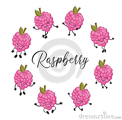 Berry raspberry character on a white background. Funny pictures for kids pink color Vector Illustration