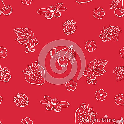 Berry seamless pattern. Fruit red background. Outline of raspberry, strawberry, cherry, blueberry, currants and flowers. Vector Illustration