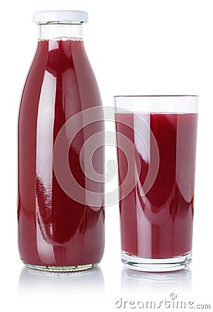 Berry smoothie fruit juice drink wild berries in a bottle and glass isolated on white Stock Photo