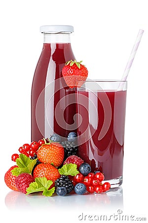 Berry smoothie fruit juice drink wild berries glass and bottle isolated on white Stock Photo