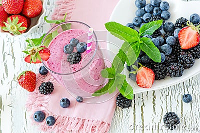Berry smoothie, healthy summer detox yogurt drink, diet or vegan Stock Photo