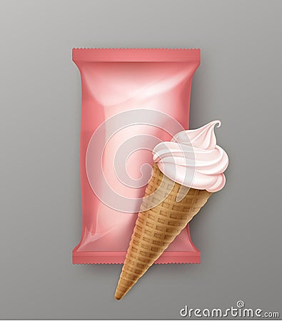 Berry Soft Serve Ice Cream Waffle Cone with Foil Vector Illustration