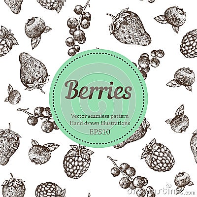 Berry, strawberry, blackberry, currant, raspberry, hand drawn seamless vector pattern. Nature organic illustration. Vector Illustration