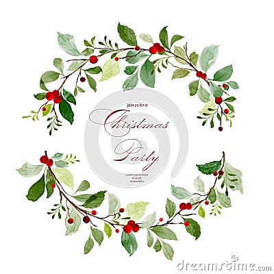 Berry wreath for Christmas with watercolor hand-painted Vector Illustration