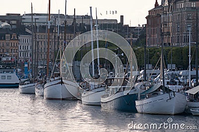 Berth of yachts on the embankment of Stockholm Stock Photo