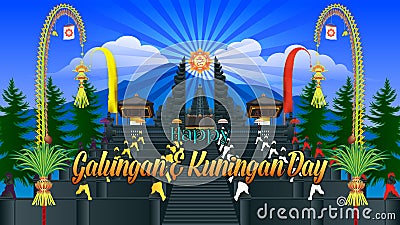 Besakih Balinese Mother Temple Hindu Holiday Greeting Happy Galungan And Kuningan Day In Bali, Indonesia Vector Illustration