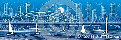 Railway bridge over the river. Train rides. Sailing boats on the water. Outline urban illustration. Evening city scene. Town citys Vector Illustration