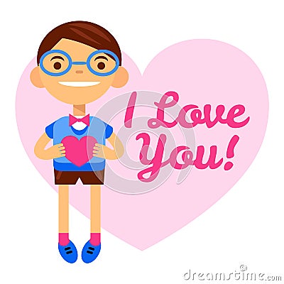 Bespectacled boy with heart, greetings Happy Valentine`s Day. inscription I love you. Cartoon vector flat-style Vector Illustration