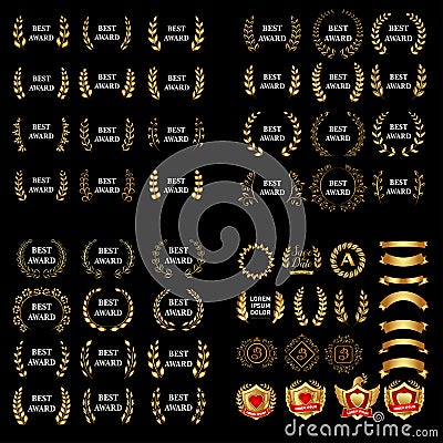 Best award Vector gold award laurel wreath set. Winner label, leaf symbol victory, triumph and success illustration set Cartoon Illustration