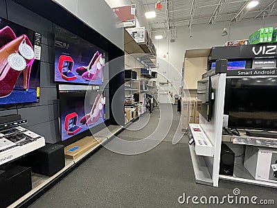 Best Buy retail electronics store interior messy back aisle Editorial Stock Photo