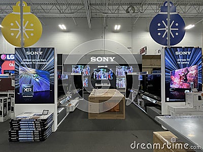 Best Buy retail electronics store interior Sony area on back wall Editorial Stock Photo