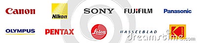 10 Best Camera Brands Today. Set of logos. Canon, Nikon, Sony, Fujifilm, Panasonic, etc. VINNITSA, UKRAINE - DECEMBER 17 Vector Illustration