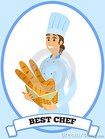 Best chef logo with smiling woman holding bread basket. Bakehouse worker with hot pastries, bakery Vector Illustration