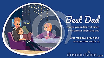 Best Dad Banner Father Read to Little Son Daughter Vector Illustration