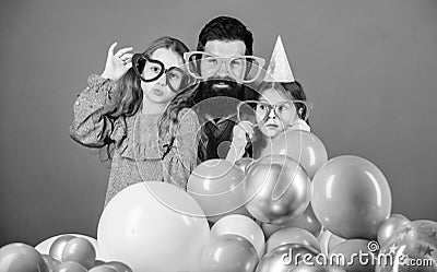 Best dad ever. Friendly family wear funny party accessories. Fathers day. Daughters need father actively interested in Stock Photo