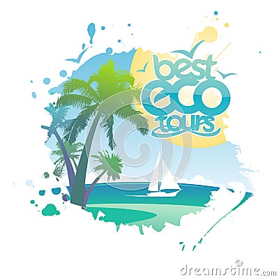 Best eco tours poster in form of blot with tropical ocean, palms and yacht Vector Illustration