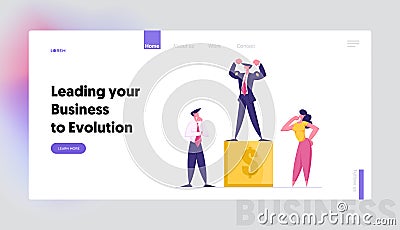 Best Employee Manager Website Landing Page. Business Man Stand on Golden Winners Pedestal Demonstrate Power Vector Illustration