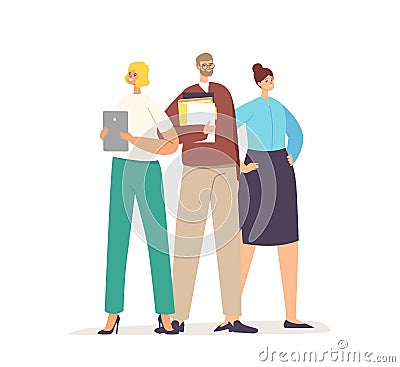 Best Employees Team Holding Documents in Hands Posing, Business Success, Leadership, Professionalism Concept with Clerks Vector Illustration