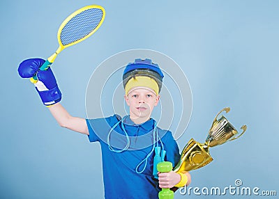 Best in everything. success. Never stop. Childhood activity. Fitness diet. Energy. best happy child sportsman hold Stock Photo