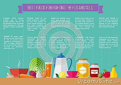 Best foods for fighting the flu and cold. Vector Illustration